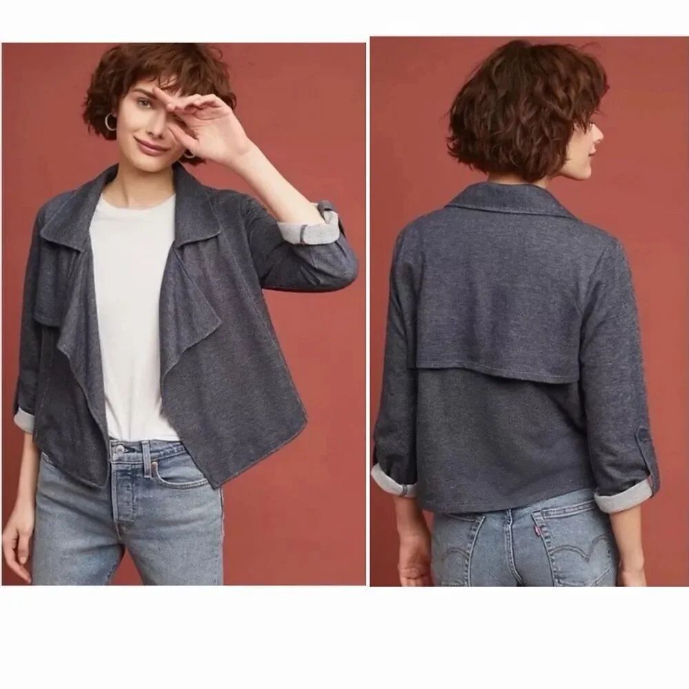 ANTHROPOLOGIE DOLAN Chambray Roll Sleeve Open Cardigan-M